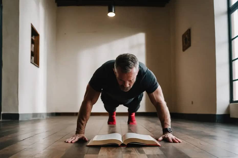 Man reading while performing a push up.
